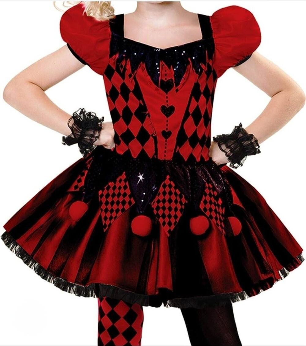 Girls Harlequin Halloween Costume Fancy Dress Cosplay Red Black Size S 4-6